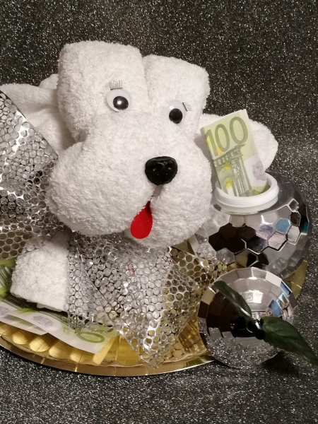 Handtuchfigur groß als Hund Geldgeschenk